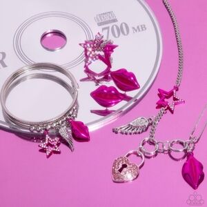 paparazzi Silver-Tone Charm Necklace & Bracelet Set with Hot Pink Lips & Stars